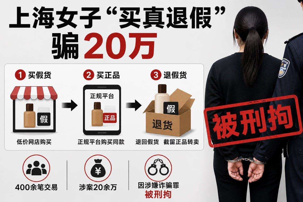 国内新闻 上海女子“买真退假”骗20万 被刑拘