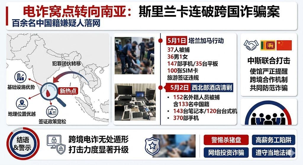 斯里兰卡 电诈窝点转向南亚 斯里兰卡连破跨国诈骗案，百余名中国籍嫌疑人落网