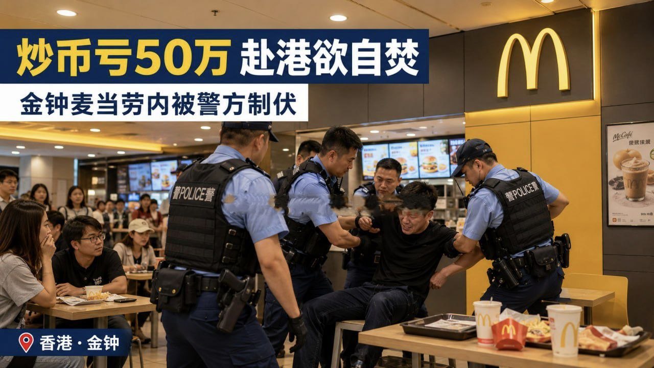 香港新闻 炒币亏了50万，男子赴港欲自焚，在金钟麦当劳内被警方制伏