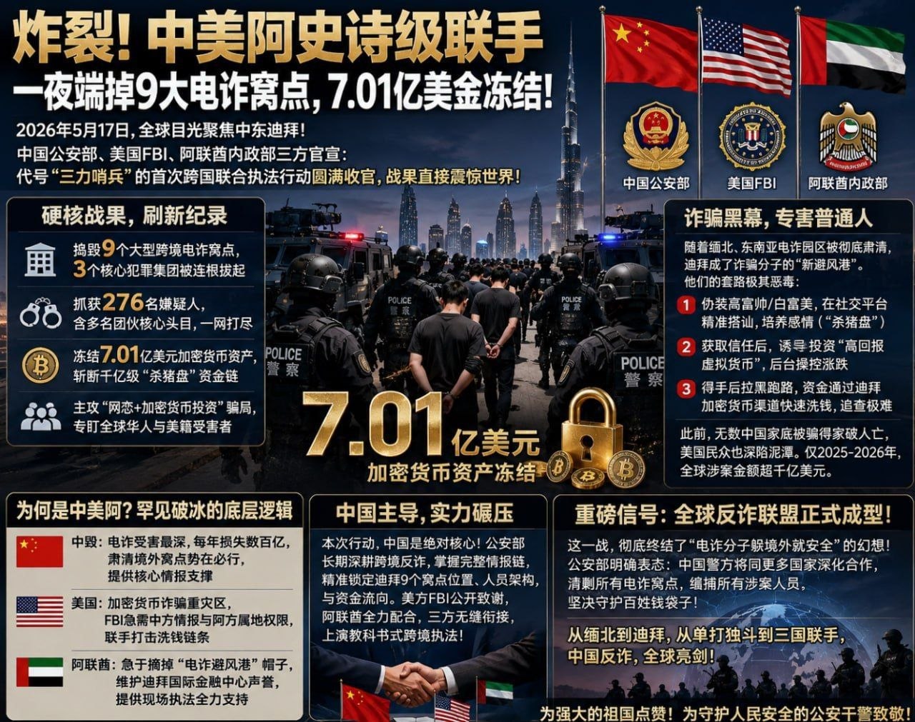炸裂!中、美、阿史诗级联手,一夜端掉9大电诈窝点,7.01亿美金冻结!