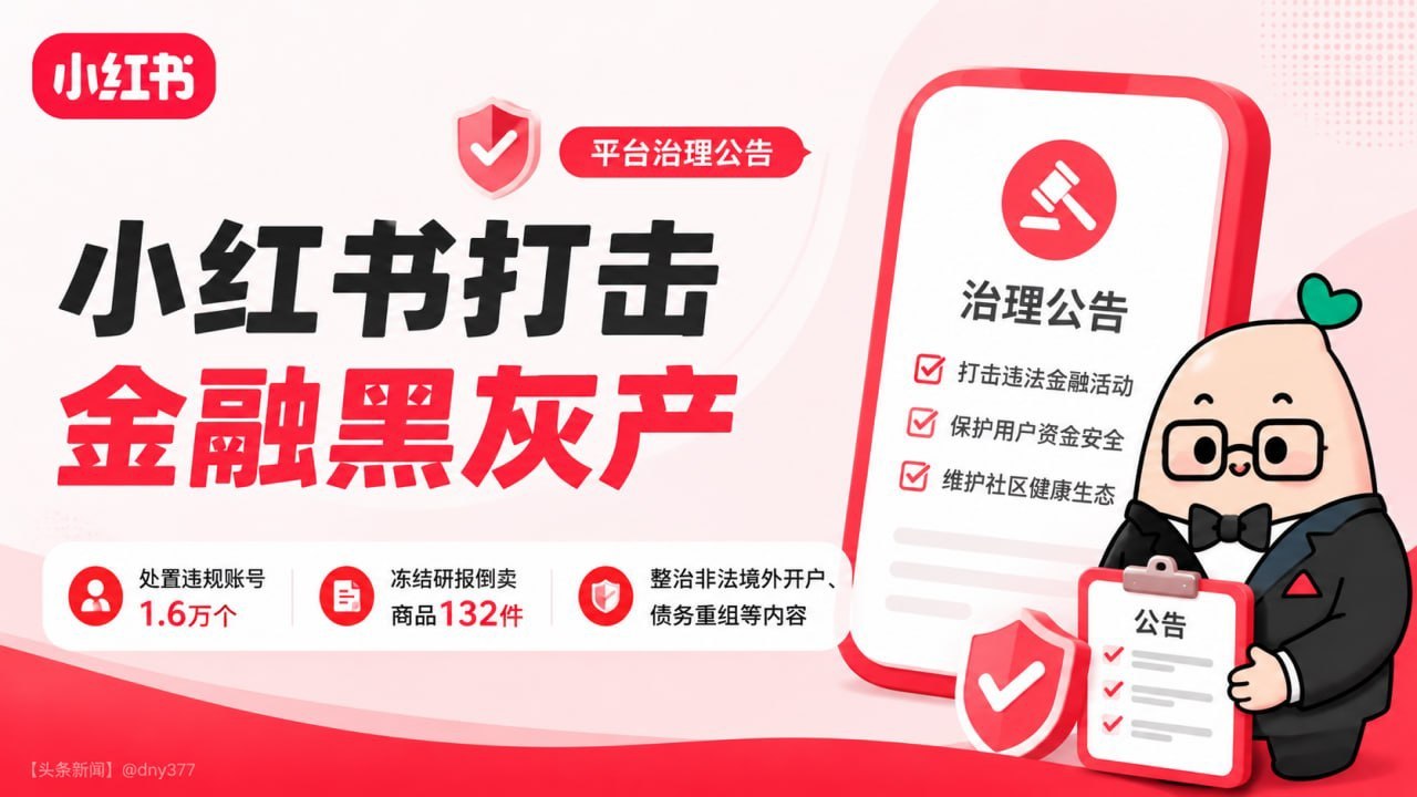 国内新闻 小红书打击金融黑灰产 处置违规账号1.6万个,冻结研报倒卖商品132件